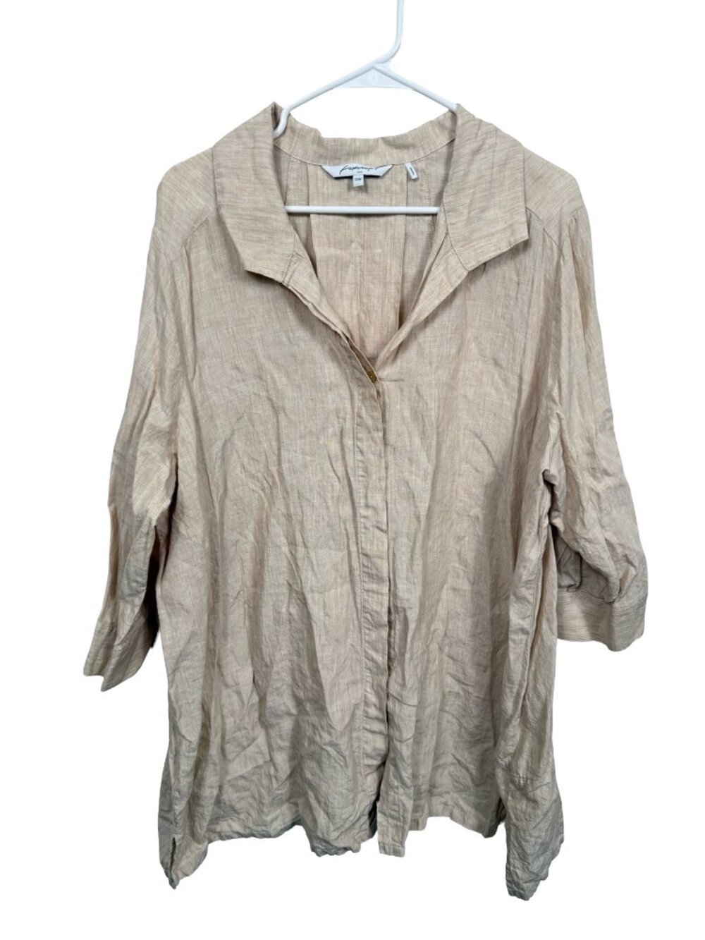 Foxcroft 100% Linen Tunic Top Blouse Womens 18W Beige Button Lagenlook